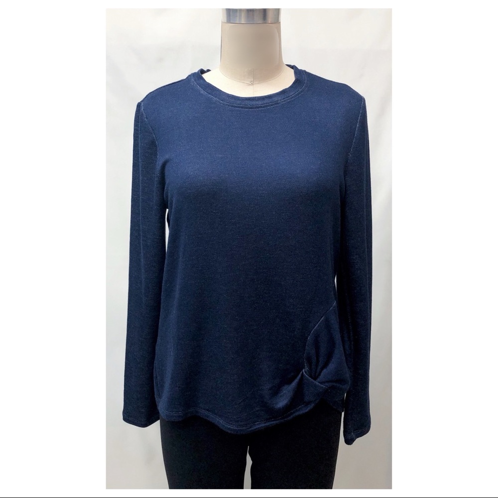 Sahalie Indigo Heather Blue Long Sleeve Front Twist Knotted Knit Top
